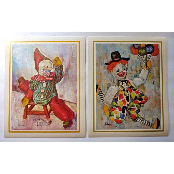 Set Of 2 Art Print Lithographs By Michele Circus Clowns Stool Balloons Retro Mod - Picture 4 of 4